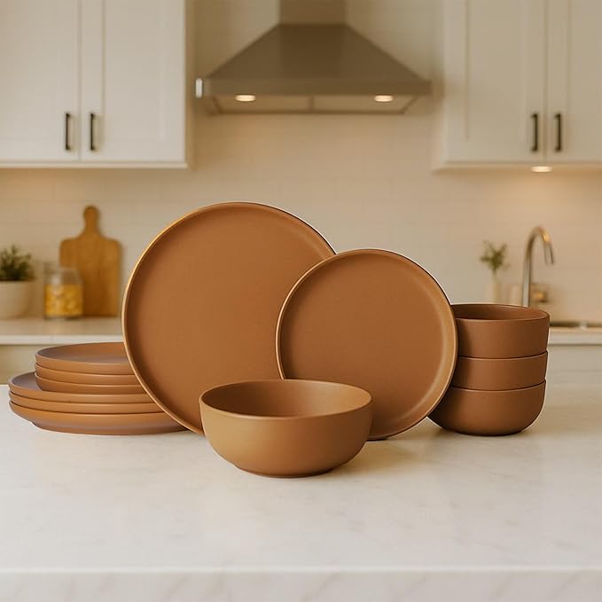 12-Piece Stoneware Dinnerware Set with Mugs | Microwave and Dishwasher Friendly | Stackable Matte Glaze Plates & Bowls | Service for 3 (Orange for 4)