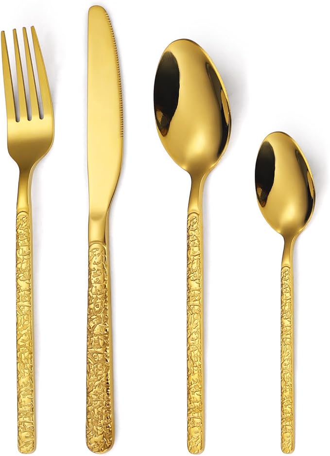 24 Pcs Gold Hammered Silverware Set Service for 6,Stone Pattern Vintage Stainless Steel Flatware Set,Cutlery Utensil,Durable Kitchen Eating Tableware Set,Ripple Fork Knife Spoon Set,Dishwasher Safe