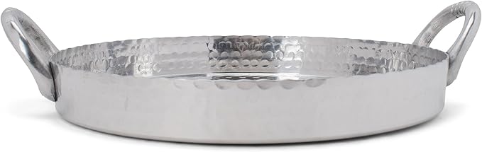 India Handicrafts Hammered Round Scalloped Silver Tone 17 inch Metal Tray Platter