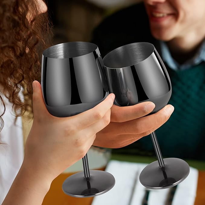 Lifecapido Stainless Steel Wine Glasses Set of 6, 18oz Stainless Steel Metal Wine Glasses, Black Wine Glasses with Cup Brush for Party Office Wedding Anniversary, Great for Red White Wine, Black