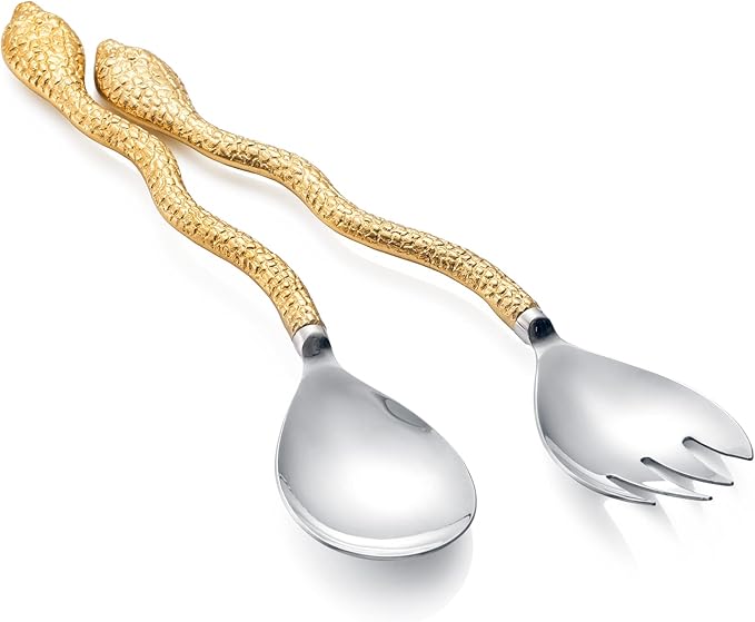 Gold Serpent Snake Salad Servers Brass & Stainless Steel, CNY Year of the Snake, Fork & Spoon Set, Two Tone Ideal for Weddings, Dinner, Elegant Flatware, Housewarming, Stainless Steel Mirror Polished