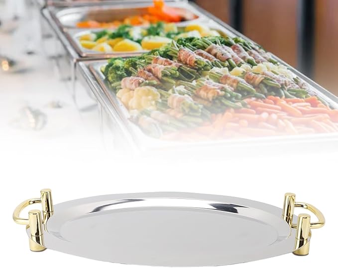 Dioche Steel Serving Tray Stainless Steel Platter with Handle – Multifunction Portable Serving Tray for Restaurant & Hotel Buffet, Rectangle Shape, 47.5cm (Round Shape with Gold Handle, 46cm)