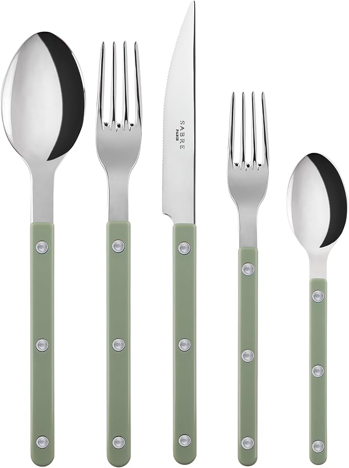 SABRE PARIS - 5-Piece Flatware Set - Bistrot Collection - Knife, Fork, Soup Spoon, Teaspoon & Dessert Fork - Stainless Steel & Nylon - Dishwasher Safe - Asparagus - Brilliant Finish