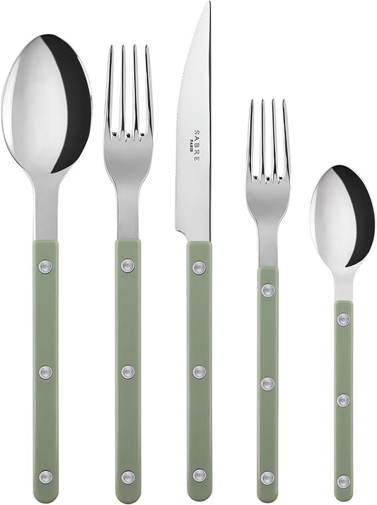 SABRE PARIS - 20-Piece Flatware Set for 4 - Bistrot Collection - Knife, Fork, Soup Spoon, Teaspoon & Dessert Fork - Stainless Steel & Nylon - Dishwasher Safe - Asparagus - Shiny Finish