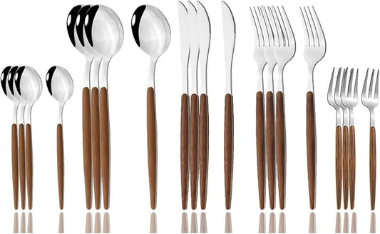 JASHII 20 Pieces Wood Stainless Steel Cutlery Set Wooden Handle Flatware Set Knife Fork Spoon, Kitchen Utensil Service for 4, Mirror Polished - Silver