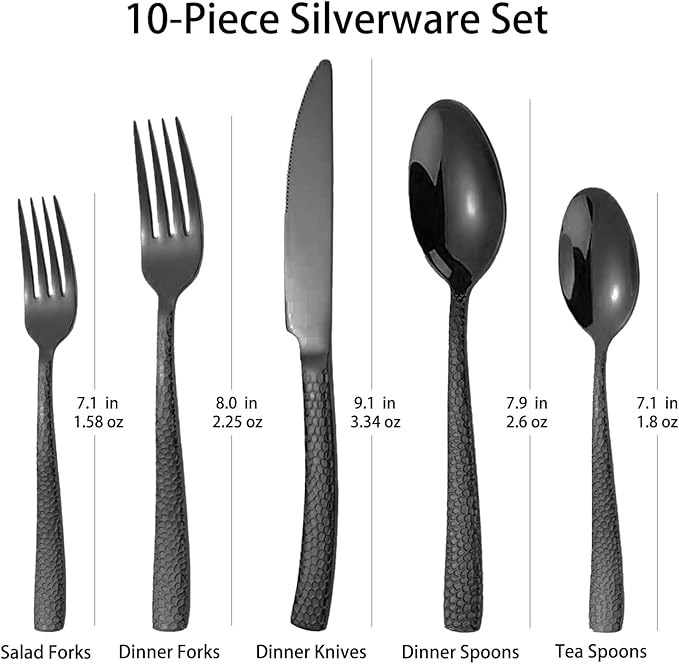 Black Hammered Silverware Set for 2, MIKIWAY 10 Pieces Stainless Steel Luxury Flatware Set, Cutlery Tableware Set, Kitchen Utensils Set Include Spoons And Forks Set, Mirror Polished, Dishwasher Safe