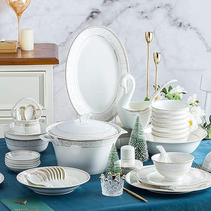 White Round Porcelain Dinnerware Set, Dishes/Plate/Bowl Set, Fine Bone China Dinnerware Sets Clearance, Collection Ceramic Kitchen And Dining Sets For Home,B56 Pcs Service For 10,A56 Pcs Service for