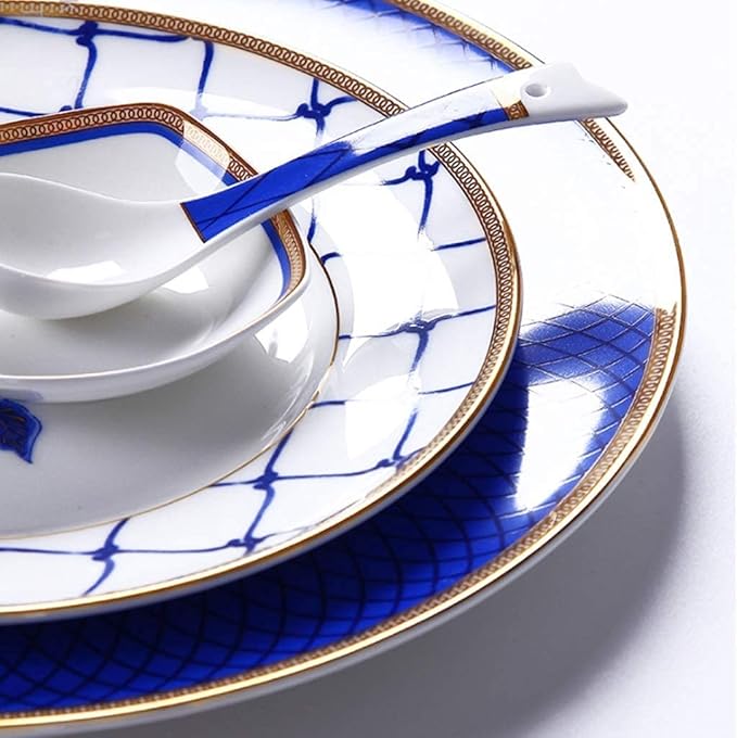 Ceramic Tableware Set, Bowls/Plates/Saucers/Spoons | Bone China Tableware Set, Modern Blue and White Porcelain Pattern Set, 60 Pieces.,-60pieces