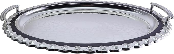 (Pack of 2) 17.8 inch x 13 inch Oval Chrome Plated Silver Serving Tray Stylish Design Floral Engraved Blue Edge Party Decorative Birthday Gift Dessert Platter Plate NC-105
