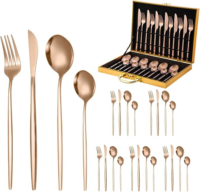 Serving Set Stainless Steel Tableware for 24 PCS, Mirror Polished, Slim Handle Serving Set for 6 for Formal Events, Parties, Food Barbeque, Dishwasher Safe(Rose Gold,D)