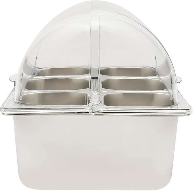 Ice Food Serving Display Tray, 3.59QT Stainless Steel Ice Serving Tray with Clear Roll Top Cover Condiment Dispenser Cooling Food Buffet Dishes