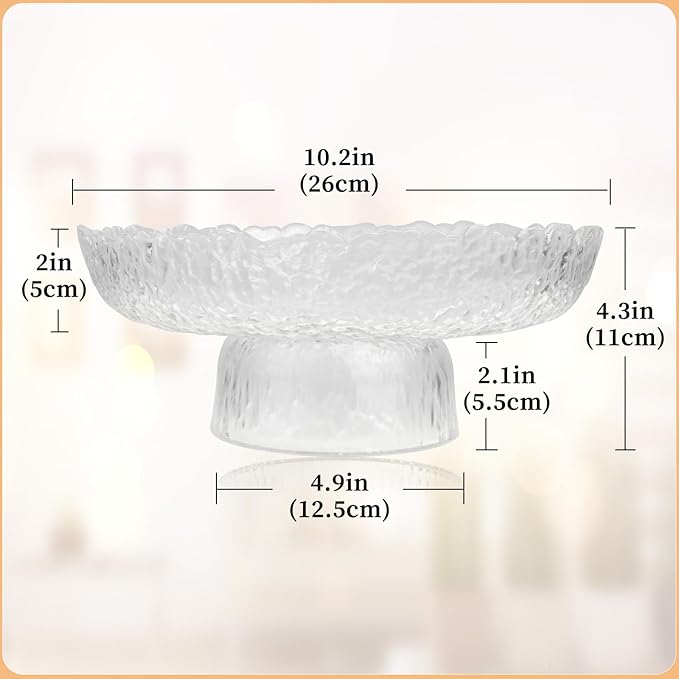 Large Glass Fruit Bowl for Kitchen Counter Decorative Centerpiece Bowl for Table Home Déco, Clear Hammered