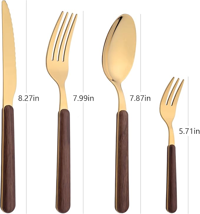 Brown Gold Silverware Set, 16 Pieces Stainless Steel Flatware Cutlery Set with Faux Wooden Handle, 4 x Dinner Knife, 4 x Dinner Fork, 4 x Tablespoon, 4 x Fruit Fork, Mirror Polished