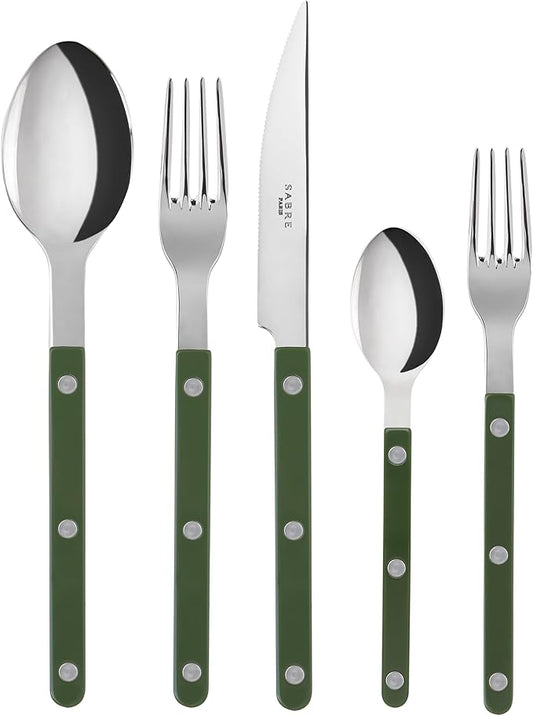 SABRE PARIS - 5-Piece Flatware Set - Bistrot Collection - Knife, Fork, Soup Spoon, Teaspoon & Dessert Fork - Stainless Steel & Nylon - Dishwasher Safe - Green - Brilliant Finish