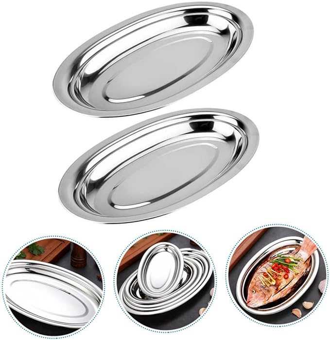 PRETYZOOM 2pcs Stainless Steel Oval Plates Serving Trays Steak Serving Plate Food Safe Rounded Edges Polished Finish