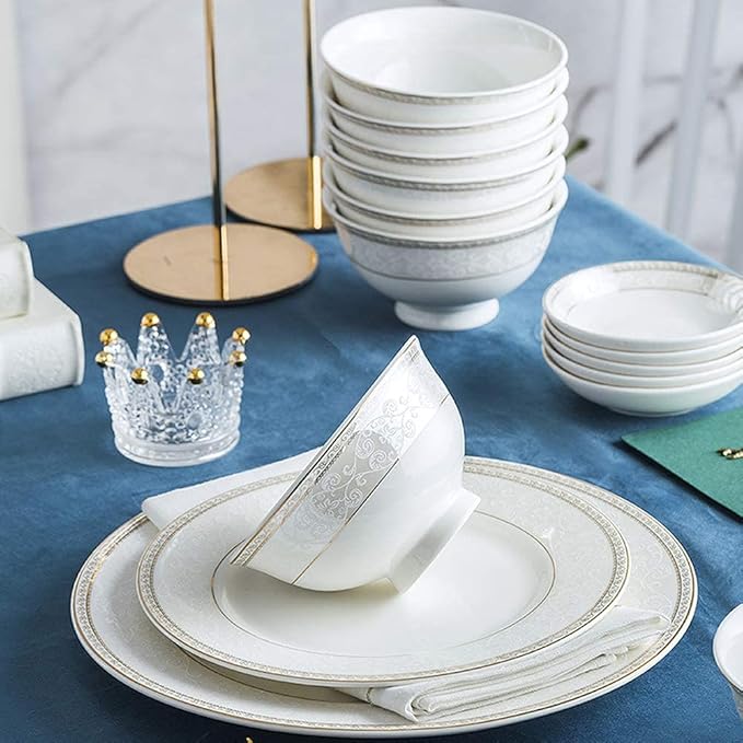 White Round Porcelain Dinnerware Set, Dishes/Plate/Bowl Set, Fine Bone China Dinnerware Sets Clearance, Collection Ceramic Kitchen and Dining Sets for Home,B 56 Pcs Servi-58 Pcs Service for 10