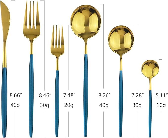 24Pcs Gold Mirror Silverware Flatware With Blue Handle, 18/0 Stainless Steel Cutlery Set Utensils Kitchen Dinnerware Include Knife Fork Spoon and Teaspoon, Service for 4