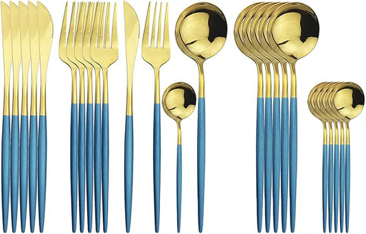 Gold Silverware Set, 24-Piece Stainless Steel Flatware Set Service For 6, Mirror Polished Blue Handle Tableware Cutlery Set Knife Fork And Spoon For Home & Restaurant, Dishwasher Safe