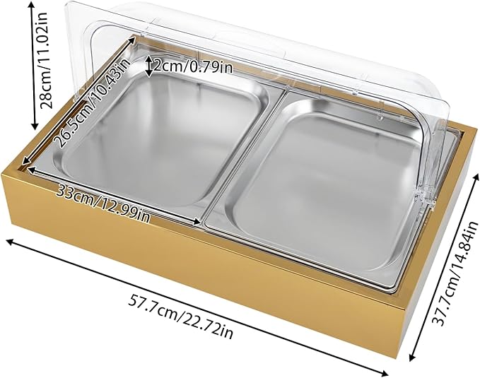 Countertop Ice Food Serving Display Tray with Clear Roll Top, 6L Chilled Serving Tray, Cold Serving Cooler Platter, Cooling Food Dishes Display Plate Case for Party (Double-Grid/Gold)