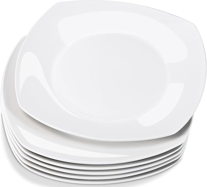 Appetizer Plates Set of 6, 10.5 Inch White Square Plates, Porcelain Dinner Plate, Square Serving Dishes for Pasta, Steak, Snacks,Salad(Microwave and Dishwasher Safe)