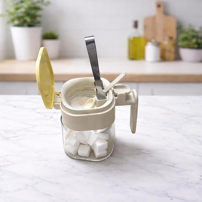 Sugar Cube Container with Tongs, 400ml Airtight Sugar Bowl with One-Touch Lid & Spoon Storage, Hygienic Utensil Compartment Jar for Coffee Bar Sugar Cubes or Powder (1, Beige)