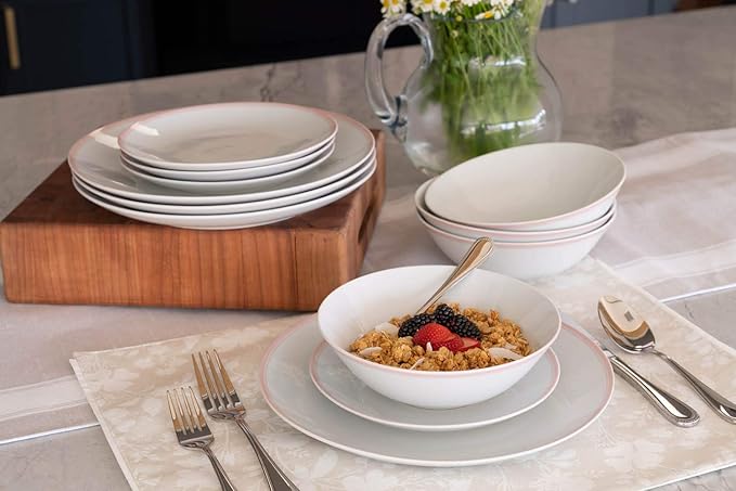 10 Strawberry Street Coupe Double Line 12 Pc, Pink Dinnerware Set, Misty Rose,SM-1200-CP-P