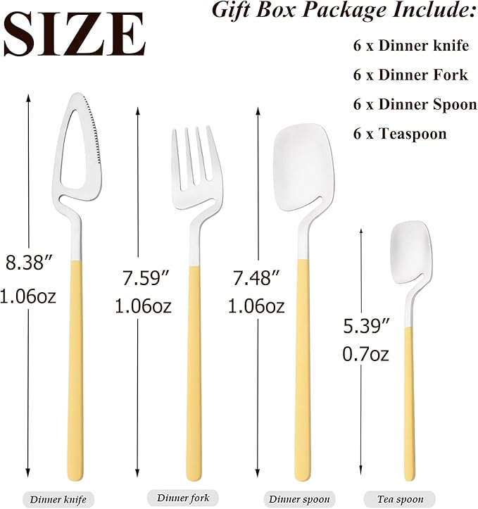 24pcs Household Cutlery Set, Matte Metal 18/10 Stainless Steel kitchen Utensils With Nice Coloured Handles For 6 People, Gift Box Packaged (Yellow Silver)