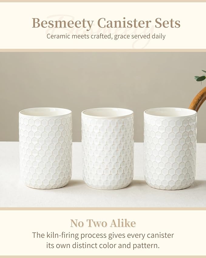 Besmeety Canisters Sets for the Kitchen, Flour Sugar Storage Containers, Ceramic Kitchen Canisters for Countertop with Airtight Lid, 11oz 28oz & 50oz Coffee Tea Sugar Container Set of 3
