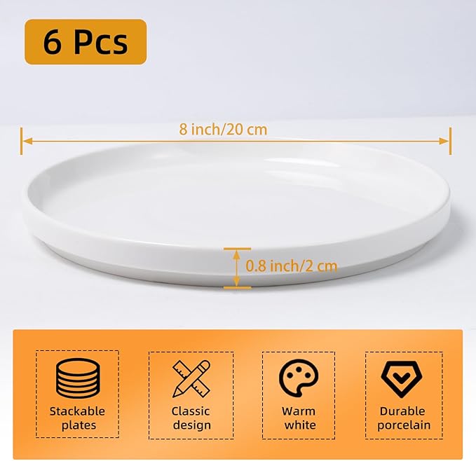 White Dinner Plates Set of 6, 8 Inch Porcelain Dessert Plates, Ceramic Appetizer Plate, White Round Salad Plate, Microwave & Dishwasher Safe, Scratch Resistant