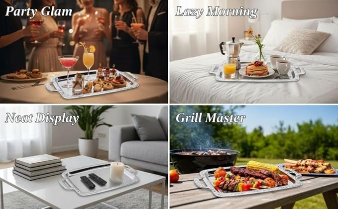 Silver Serving Tray with Handles, 16.1 in, European Style Stainless Steel, Metal Decorative Food Tray for Ottoman Coffee Tables and Parties