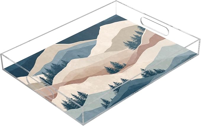 Serving Tray with Handles Clear Acrylic Tray 12x16 Inch Decorative Rectangular Tray Organizer for Ottoman Coffee Table Bathroom Mountain Landscape Trees