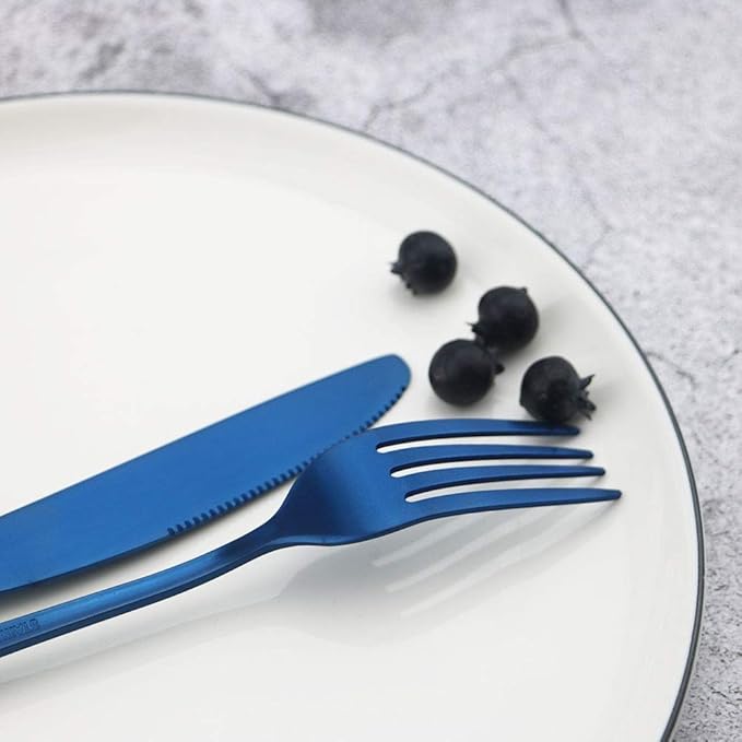 JASHII Matte Silverware Set, 4-Piece Stainless Steel Satin Finish Flatware Service for 1, Kitchen Utensils, Tableware Cutlery for Home and Restaurant (Blue Full)