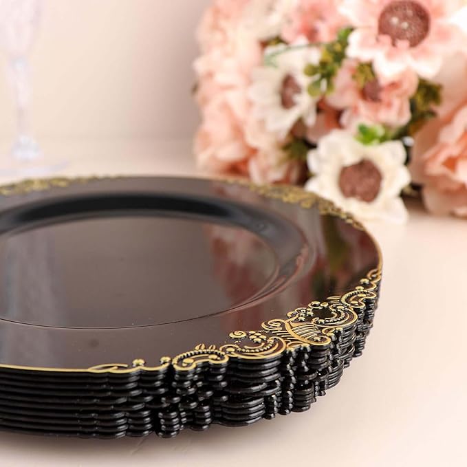 8" Salad Plates -Set of 30 - Plastic Black Round Baroque Disposable Chargers Leaf Embossed Rim, Ideal for Dinner Party Wedding Bulk Events