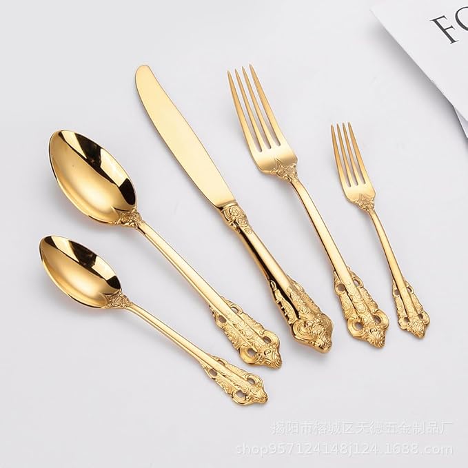 Stainless Steel Flatware serving set,Home Kitchen Eating Tableware Set,Dishwasher Safe,For Home Kitchen Restaurant Hote 5Pcs Palace Knife, Fork And Spoon Western Tableware Set 304 Stainless Steel Stea