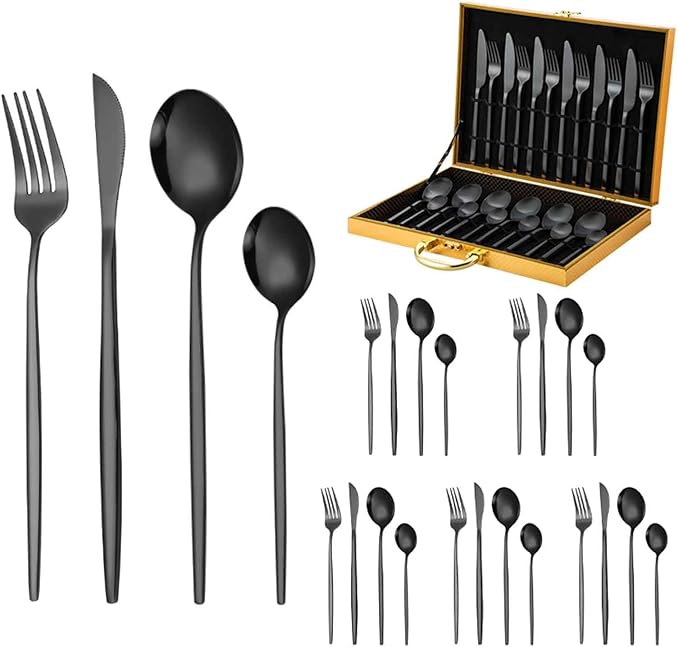 Serving Set Stainless Steel Tableware for 24 PCS, Mirror Polished, Slim Handle Serving Set for 6 for Formal Events, Parties, Food Barbeque, Dishwasher Safe(Black,D)