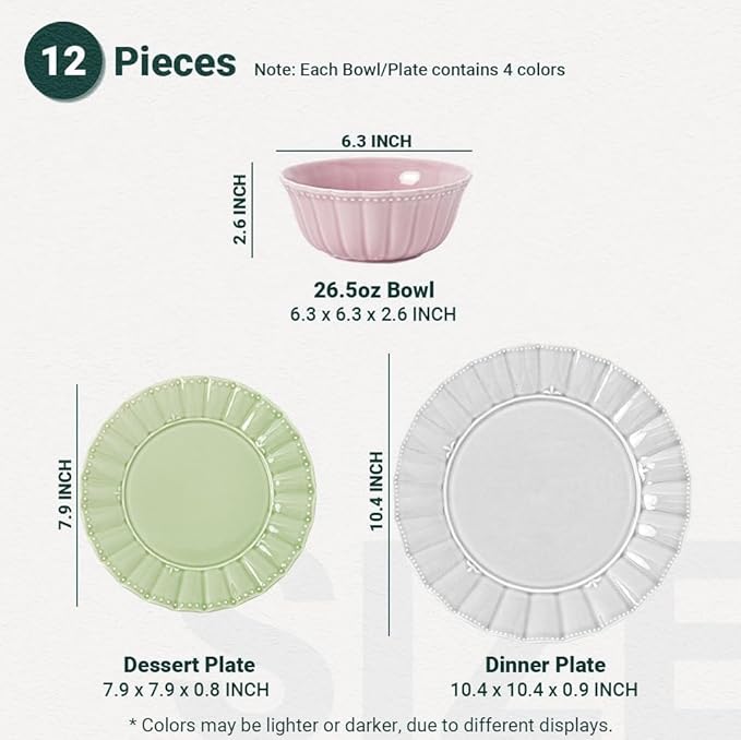 HOMBENE Dinnerware set, Kitchen Plates and Bowls Sets for 4, Porcelain dish set for party, House gift, Microwavable safe, Mixed Colors