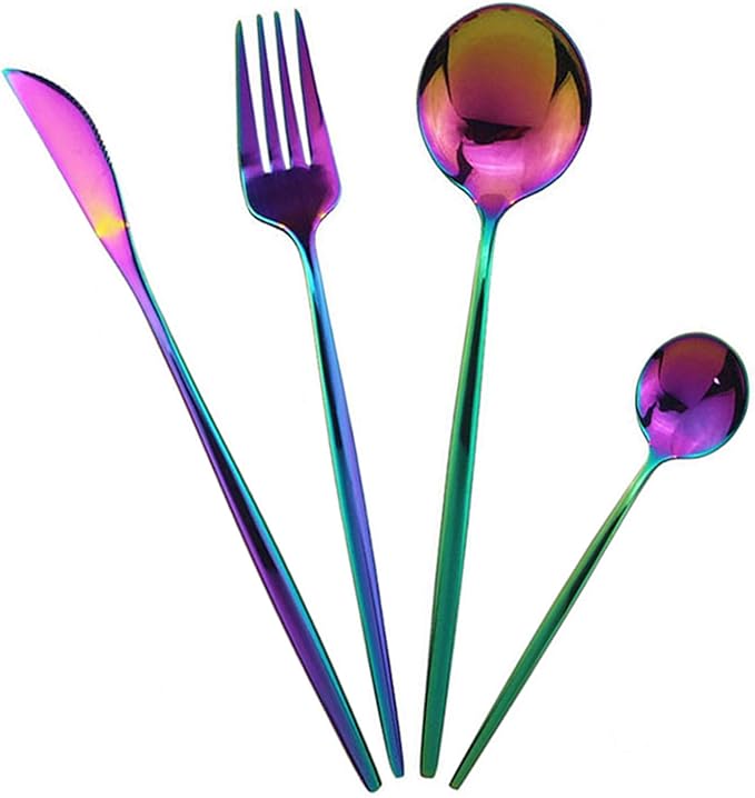 JASHII 24 Piece Titanium Rainbow Color Plated Stainless Steel Flatware Set, 24 Pieces Colorful Silverware Set, Mutil Color Silverware Set Cutlery Sets, Service for 6 (Shiny Rainbow)