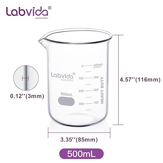 6pcs 500ml Upgrated Thick Glass Beakers, Griffin Low Form Beaker Set with Double Scale, 3.3 Boro, LVA013