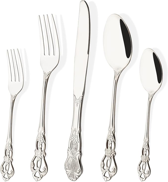 Silver Flatware Set For 4, 20 Pieces 18/0 Stainless Steel Silverware Set, Cutlery Utensils Set Include Knives/Forks/Spoons, Antique Baroque Style & Luxury Mirror Polished