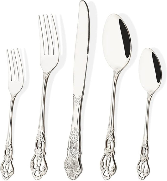 Silver Flatware Set For 4, 20 Pieces 18/0 Stainless Steel Silverware Set, Cutlery Utensils Set Include Knives/Forks/Spoons, Antique Baroque Style & Luxury Mirror Polished