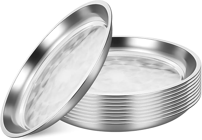 10 Pack Stainless Steel Silver Serving Tray, 12 Inch Round Serving Bar Silver Serving Platter Sturdy Metal Display Tray for Coffee Table Party Club Home