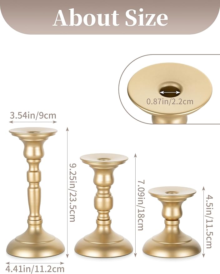 Sziqiqi Gold Candle Holders Decor: Candle Holders for Pillars Candlesticks - Taper Candleholders Set of 3 for Wedding Table Fireplace Mantel Holiday