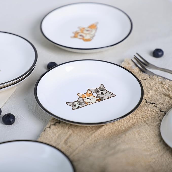 Cute Cartoon Animals Pattern Ceramic Sauce Dishes, Seasoning Dishes, Sushi Soy Dipping Bowls, Appetizer Plates, Dessert Plates, Little Cat Bird Feeding Bowls, Set of 6-Corgi-A-5 Inch