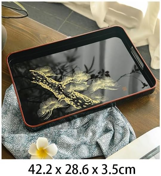 SABALON Foodtray Front Heavy Lacquerware Long Hand Tray Japanese Style Hand-Painted Fruit Wedding Housewarming Gift Tea Dining Serving(A)