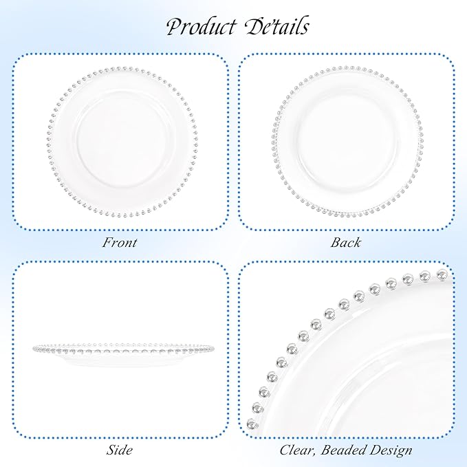 12 Pack Clear Charger Plates with Beaded Rim, 13 Inch Plastic Chargers for Dinner Plates Acrylic Round Tabletop Decoration for Home Kitchen Catering Wedding Table Event Party Dinner (Silver)