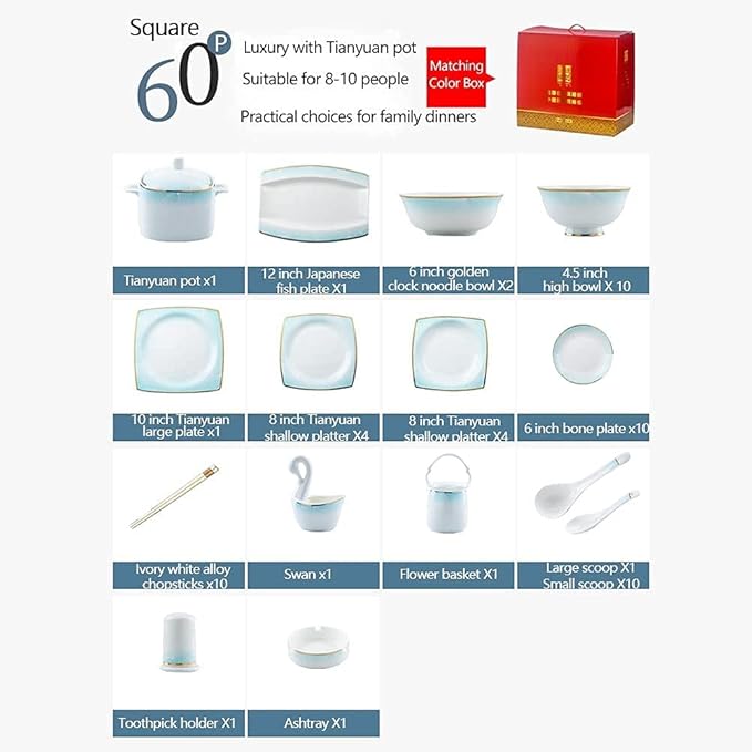 Dinnerware Sets - Luxury Gift Dishes Service Set, 56/60PCS Ceramic Dinnerware Set Bone China Tableware Dishes Plates Ceramic Combination Dinner Service Set Diner Set Porcelaine (60 Pieces)