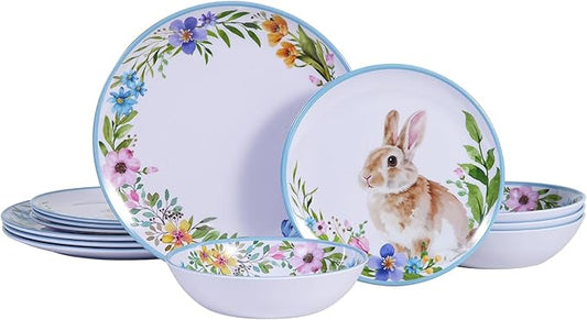 12PCS Melamine Dinnerware Set, Bunny & Floral Outdoor Dinnerware Set for 4, Unbreakable Easter Plates and Bowls for Camping, Patio Dining, Family Meals, Ideal for Rabbit Lovers & Home Decor