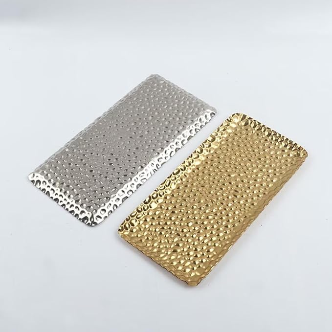 Mini Serving Platter Stainless Steel Serving Tray Hammered Rectangular 7.7 x 3.7 Inch Small Dessert Plates Coffee Table Tray Decorative Plates for Kitchen Party Silver