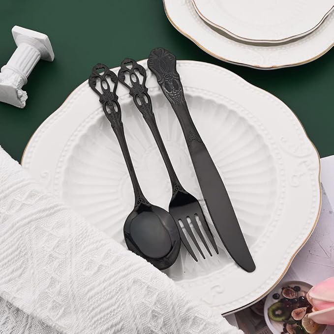 Black Flatware Set For 4, 20 Pieces 18/0 Stainless Steel Silverware Set, Cutlery Utensils Set Include Knives/Forks/Spoons, Antique Baroque Style & Luxury Mirror Polished