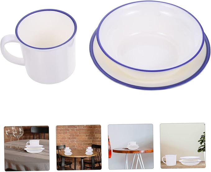 Cabilock Retro Enamelware Tableware Service White Sturdy Household Soup Bowls Plates Cups Creative Kitchen Dinnerware for Rice Soup Salad